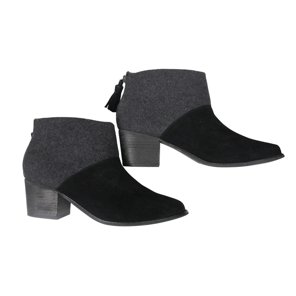 TOMS Leila Ankle Boots Womens 9.5 Black Suede Gray Wool Block Heel Zip